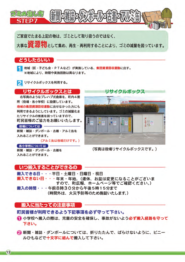 新聞・雑誌・段ボール・古着・アルミ缶のリサイクルボックスへの出し方のチラシ