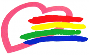 赤、黄、緑、青色の線とピンクのハート (シンボル) が描かれたロゴマーク