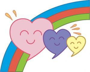 青と赤と緑色の三色虹と、ピンクと紫と黄色の3つの笑顔のハートマークが描かれたロゴマーク