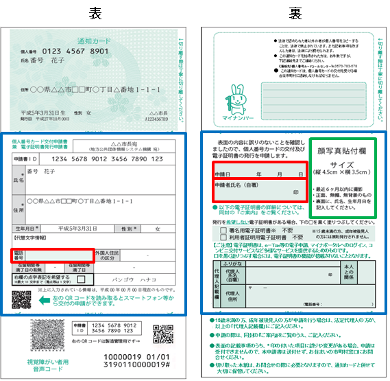 左：マイナンバーカード申請書表見本、右：マイナンバーカード申請書裏見本